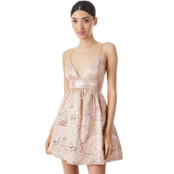 ALICE + OLIVIA FOLEY ROSE GOLD METALLIC CURVED WAIST MINI DRESS SIZE 8 NWT